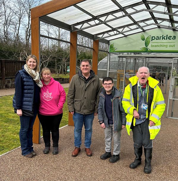 Parklea Branching Out council funding. Inverclyde Council leader, Councillor Stephen McCabe, is pictured with representatives from Parklea Branching Out, including manager Sharon Gemmell, left.